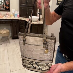 Brahmin Crocodile-Embossed Tote - Gray and Cream